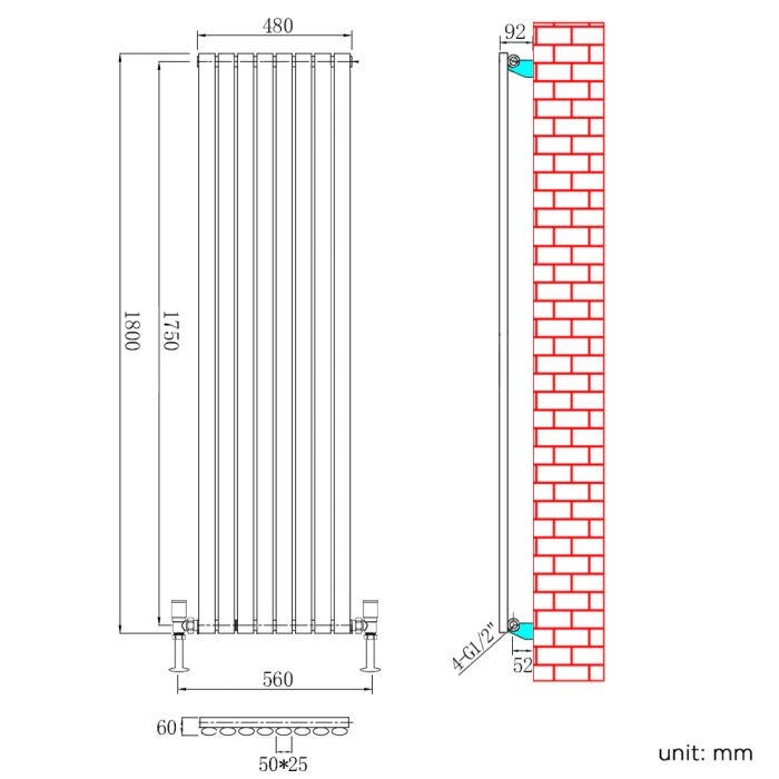 NILE 1800x480mm Anthracite Oval Single Panel Designer Radiator Vertical Grey Radiator