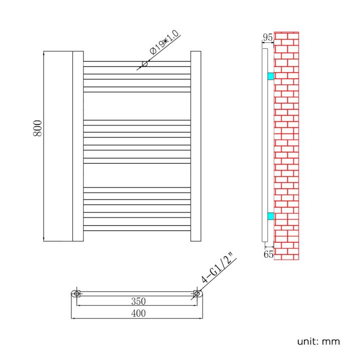 NILE 800x400mm Straight Chrome Heated Towel Rail Radiator Bathroom Central Heating