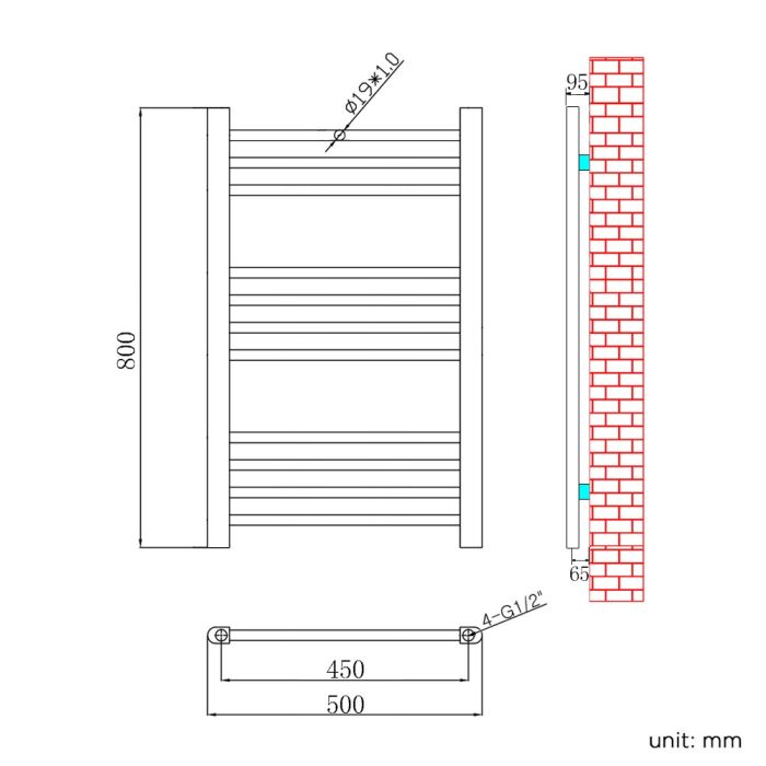 NILE 800x500mm Straight Chrome Bathroom Heated Towel Rail Radiator