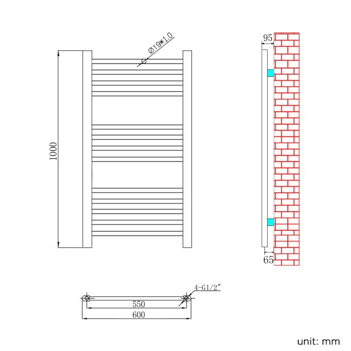 NILE 1000x600mm Straight Chrome Heated Towel Rail Rad Radiator Bathroom Central Heating