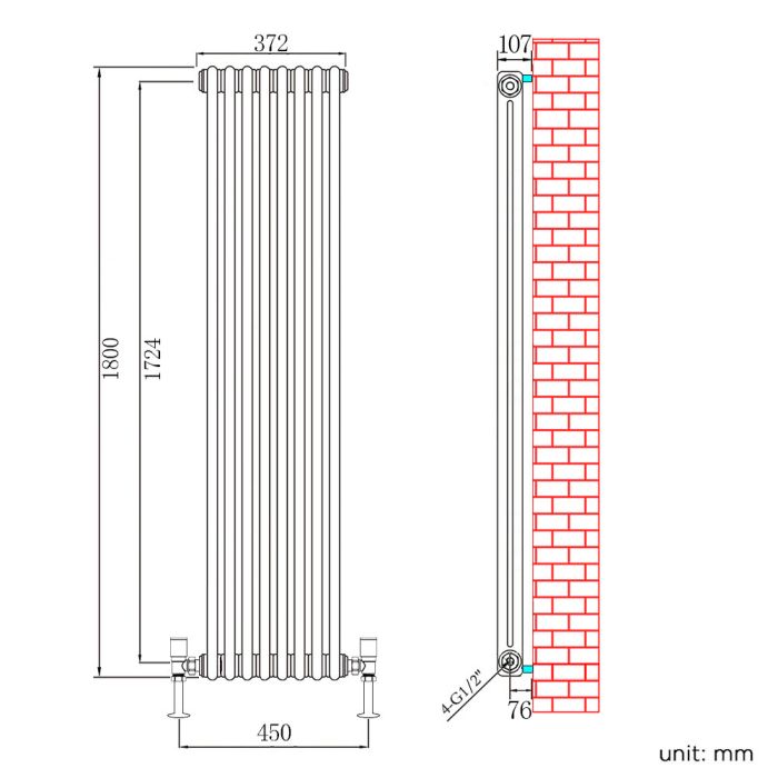 NILE 1800x372mm Vertical White Traditional Cast Iron Style 2 Column Radiator