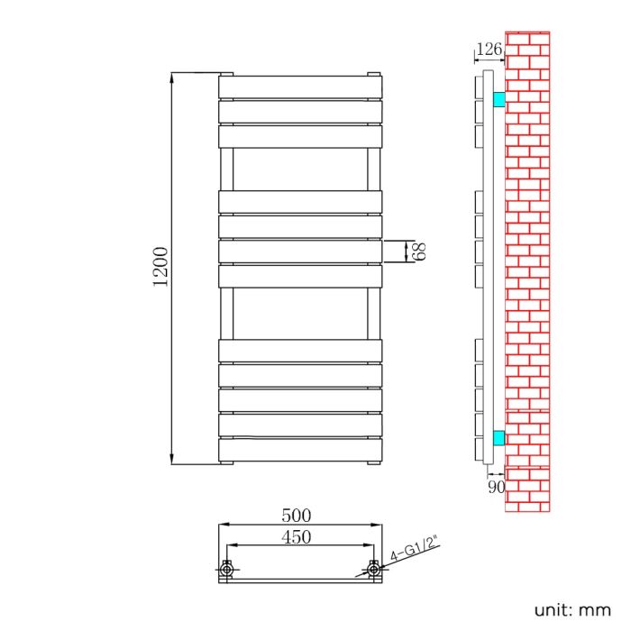 NILE 1200 x 500mm Modern Design Chrome Flat Panel Heated Towel Rails Radiators