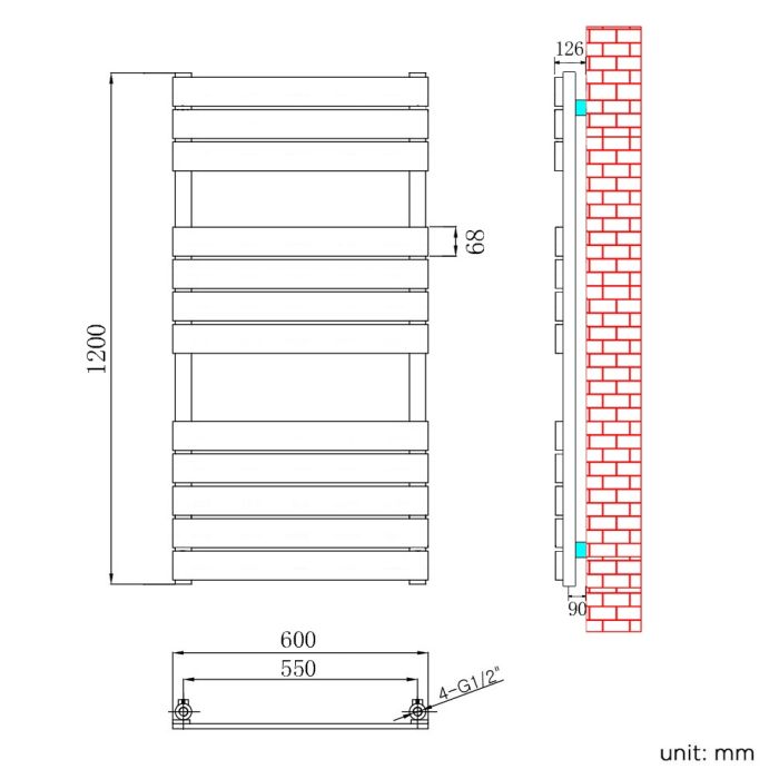 NILE 1200 x 600mm Modern Design Chrome Flat Panel Heated Towel Rails Radiators