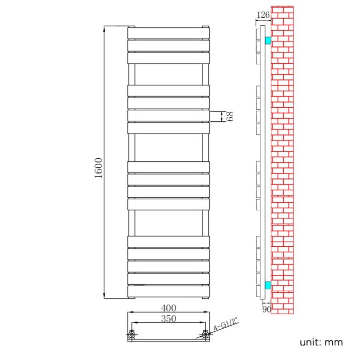 NILE 1600 x 400mm Modern Design Chrome Flat Panel Heated Towel Rails Radiators