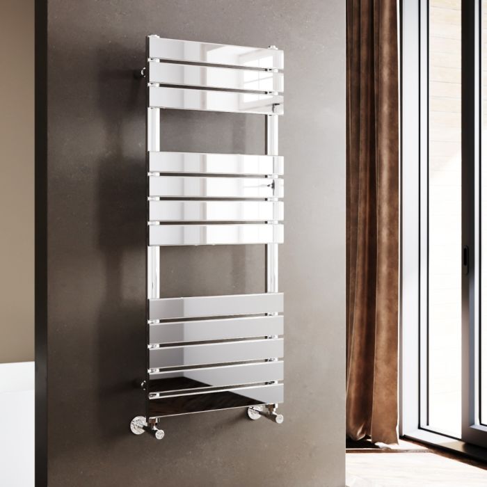 NILE 1200 x 500mm Modern Design Chrome Flat Panel Heated Towel Rails Radiators