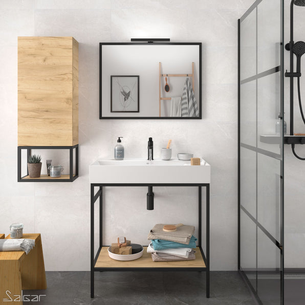 Black Vinci Noir 1000mm frame Unit with Oak Shelf & Basin - 1000mm x 460mm - Salgar