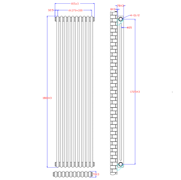 NILE 1800x465mm Vertical White Traditional Cast Iron Style 2 Column Radiator