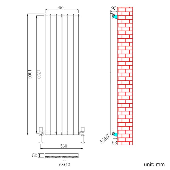 NILE 1800 x452mm Vertical Column Designer Single Anthracite Flat Panel Column Grey Radiator