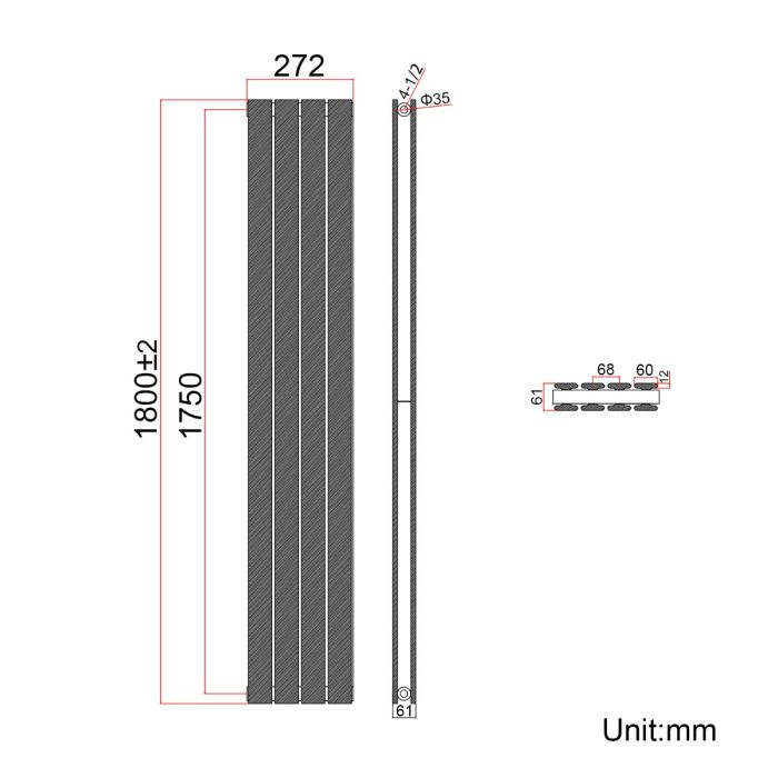 NILE Black Double Panel Radiator 1800 x 272mm Modern Flat Panel Column Designer Radiator