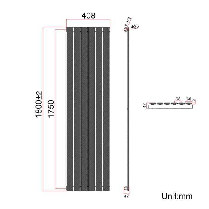 NILE Black Single Panel Radiator 1800 x 408mm Modern Flat Panel Column Designer Radiator