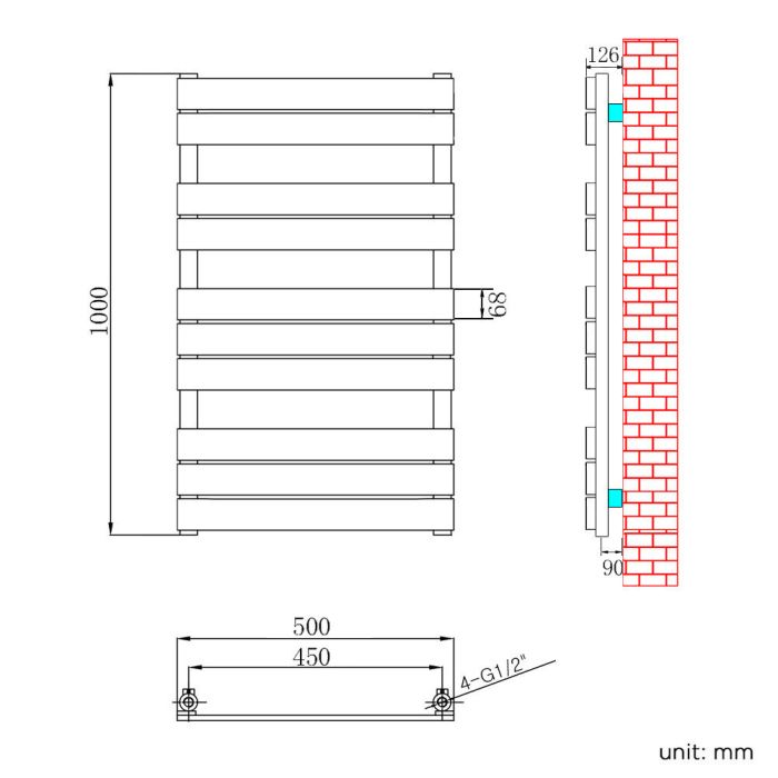 NILE 1000x500mm Chrome Heated Bathroom Flat Panel Towel Rail Radiator